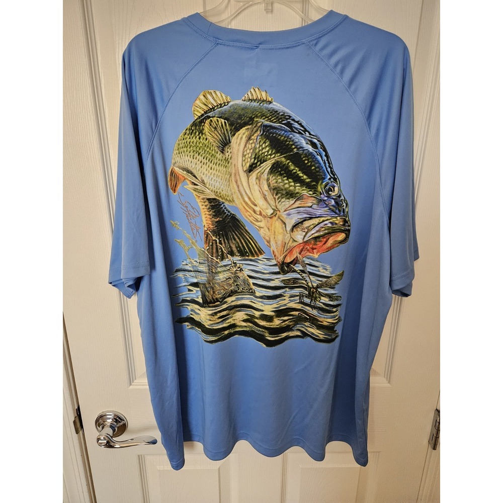 NWT World Wide Sportsman Short Sleeve Marina Blue Bass Print on Back, 2XL
